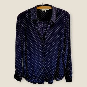 ROYAL PROJECT Pure Silk Black Grey Polka Dot Button Down Shirt Blouse Small